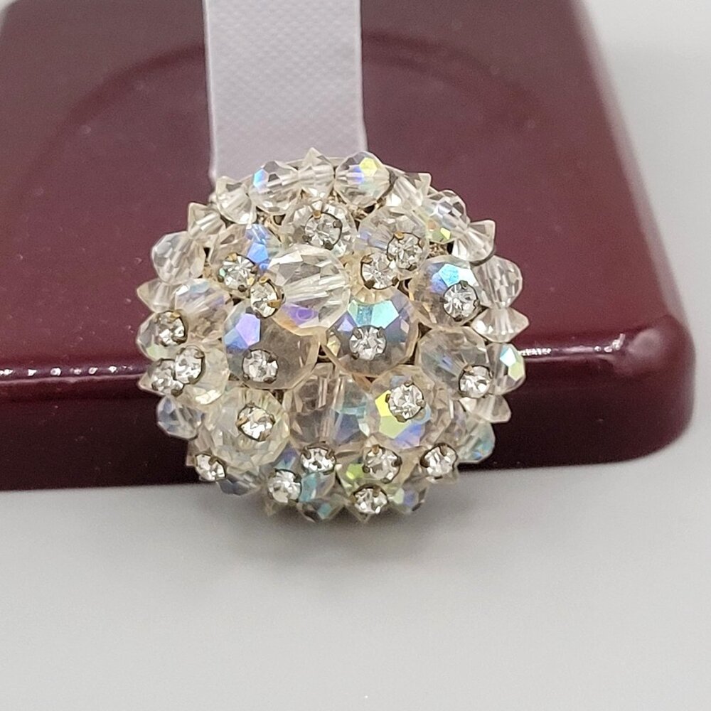 Domed AB Aurora Borealis Brooch Pin Silver Tone Bicone Round Beads Vintage 1950s